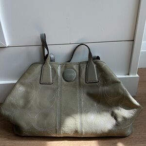 Coach Sage Green/Grey Leather Tote Bag - Signature Stitching